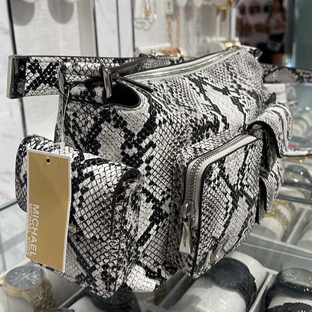 MICHAEL KORS Dakota Medium Snake Embossed Leather Pocket Shoulder Bag ALUMINUM